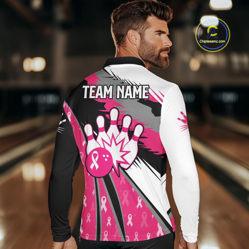 Mens bowling shirts Custom pink ribbons pattern Bowling Team Jersey, Breast cancer shirt for Bowler NQS10515