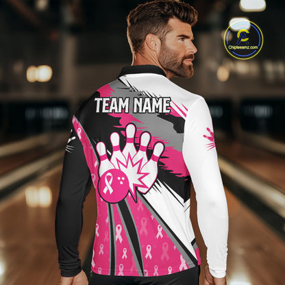 Mens bowling shirts Custom pink ribbons pattern Bowling Team Jersey, Breast cancer shirt for Bowler NQS10515