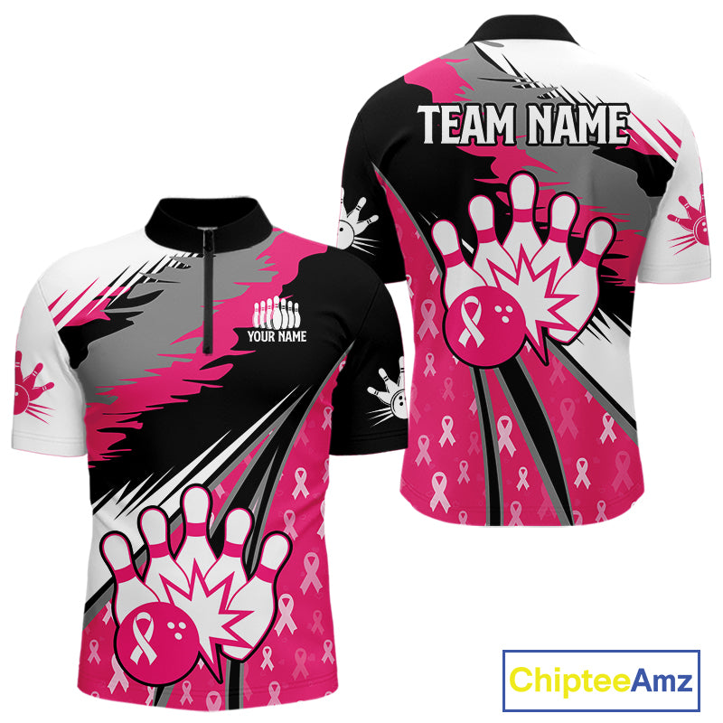 Mens bowling shirts Custom pink ribbons pattern Bowling Team Jersey, Breast cancer shirt for Bowler NQS10515
