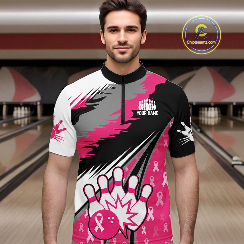 Mens bowling shirts Custom pink ribbons pattern Bowling Team Jersey, Breast cancer shirt for Bowler NQS10515