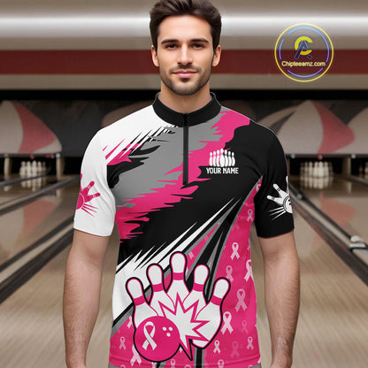 Mens bowling shirts Custom pink ribbons pattern Bowling Team Jersey, Breast cancer shirt for Bowler NQS10515