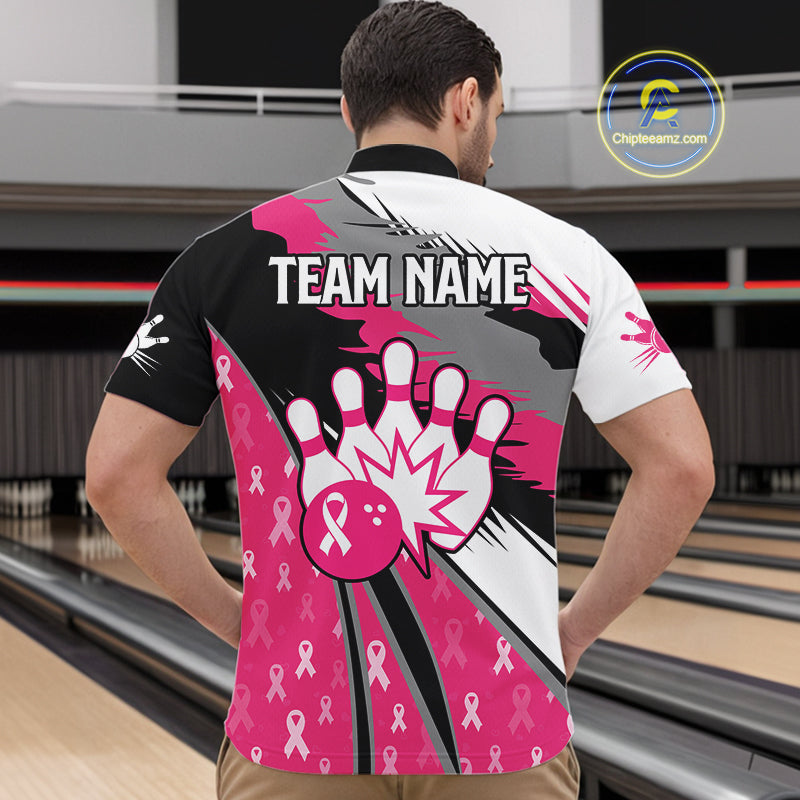 Mens bowling shirts Custom pink ribbons pattern Bowling Team Jersey, Breast cancer shirt for Bowler NQS10515