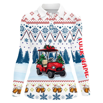 Womens golf polo Shirt Custom Ugly Christmas Pattern Golf cart and beer golf shirts for ladies | Blue NQS9031