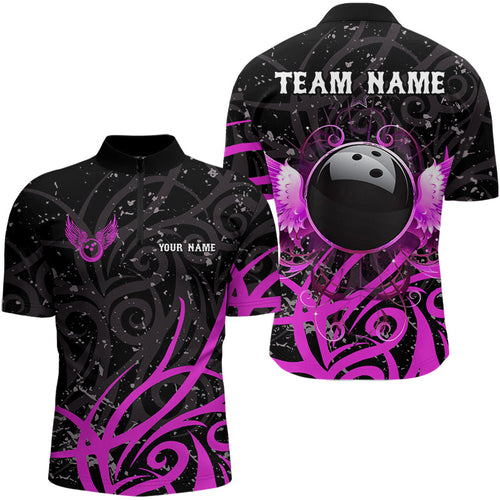 Black and Pink Camo Bowling Polo, Quarter Zip Shirts For Men Custom Team Bowling Jersey bowlers outfit NQS9035