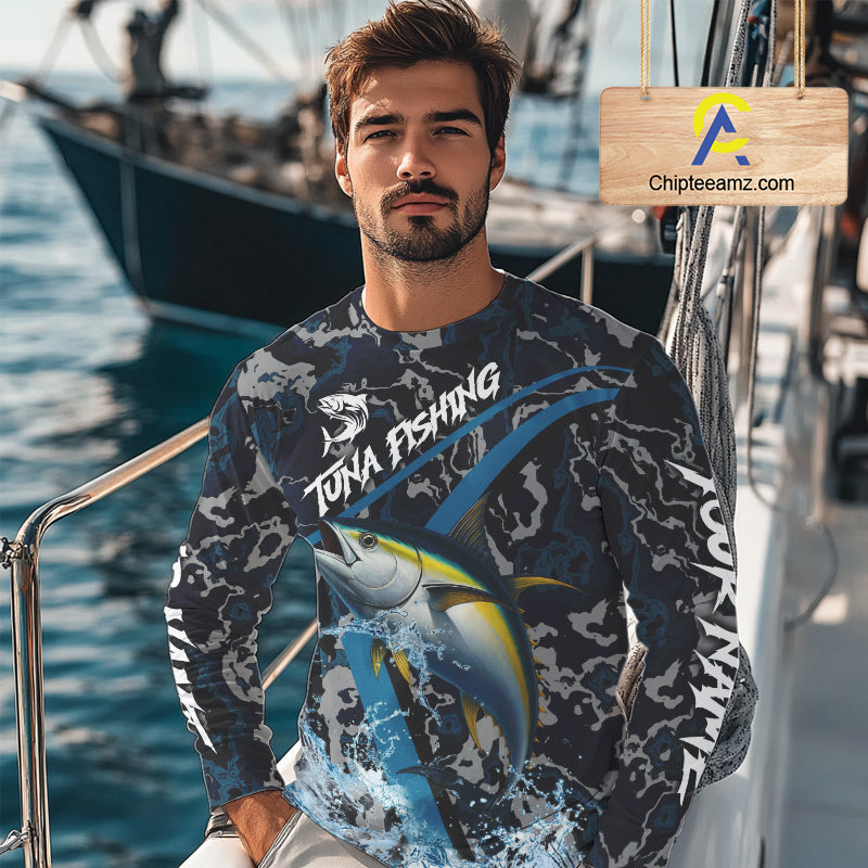 Custom Tuna Fishing Camo Long Sleeve Fishing Shirts, Personalized Tuna Fishing Team Jerseys NQS11329