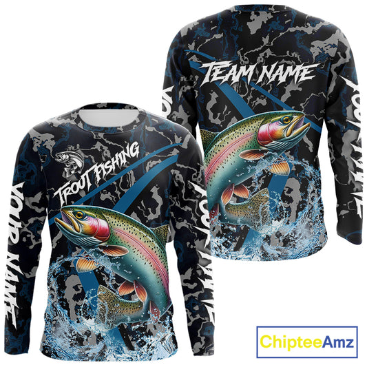 Custom Rainbow Trout Fishing Camo Long Sleeve Fishing Shirts, Personalized Trout Fishing Team Jerseys NQS11330