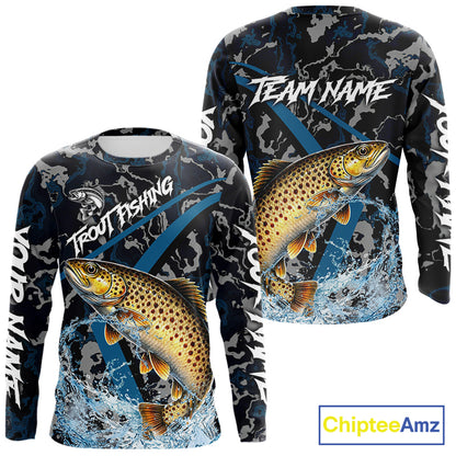 Custom Brown Trout Fishing Camo Long Sleeve Fishing Shirts, Personalized Trout Fishing Team Jerseys NQS11333