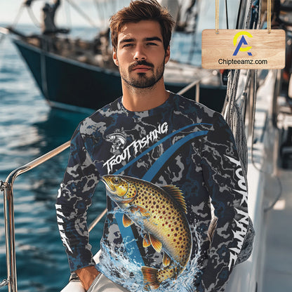 Custom Brown Trout Fishing Camo Long Sleeve Fishing Shirts, Personalized Trout Fishing Team Jerseys NQS11333