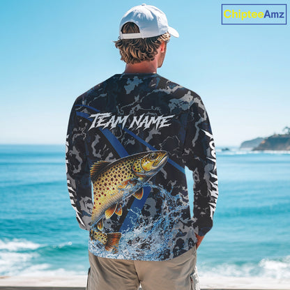 Custom Brown Trout Fishing Camo Long Sleeve Fishing Shirts, Personalized Trout Fishing Team Jerseys NQS11333