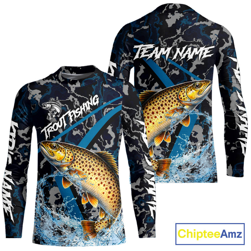 Custom Brown Trout Fishing Camo Long Sleeve Fishing Shirts, Personalized Trout Fishing Team Jerseys NQS11333