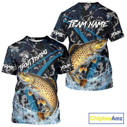 Custom Brown Trout Fishing Camo Long Sleeve Fishing Shirts, Personalized Trout Fishing Team Jerseys NQS11333