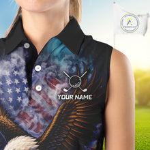 Load image into Gallery viewer, Smoke American Flag Eagle Womens sleeveless golf polo shirt Custom patriotic golf outfit ladies NQS11541