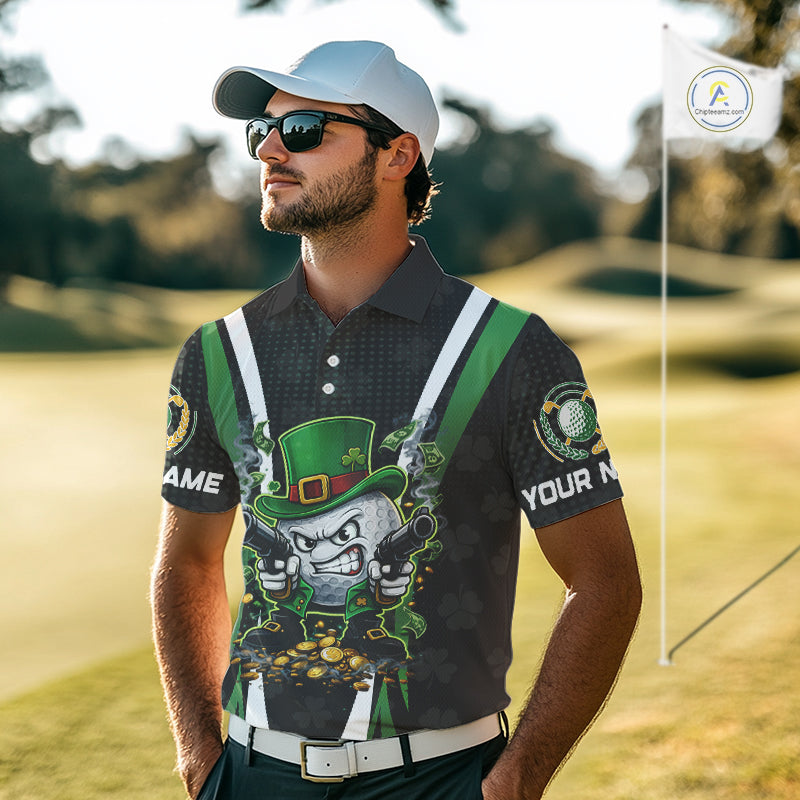 Funny St Patrick cowboy golf ball gunner black and green Mens golf polo shirts Custom golf outfit men NQS11542