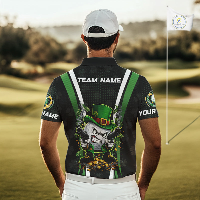 Funny St Patrick cowboy golf ball gunner black and green Mens golf polo shirts Custom golf outfit men NQS11542