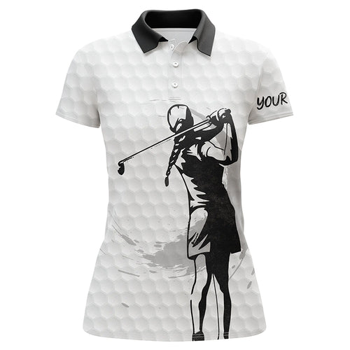 Womens golf polo shirt custom name black and white golf ball, golf gift for her NQS5340