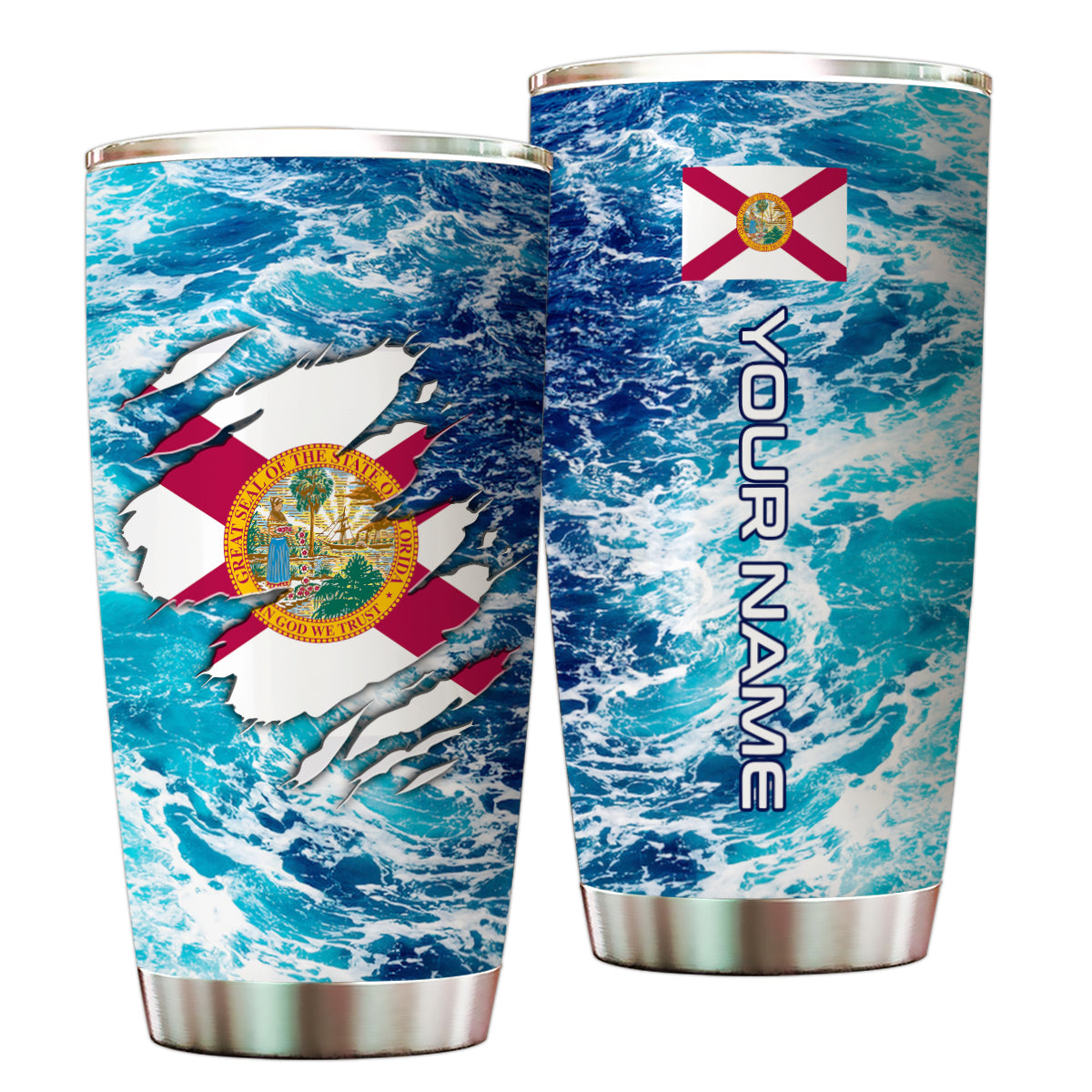 1PC Blue sea wave ocean camo Florida flag Custom Name Florida Fishing Tumbler Cup NQS9903