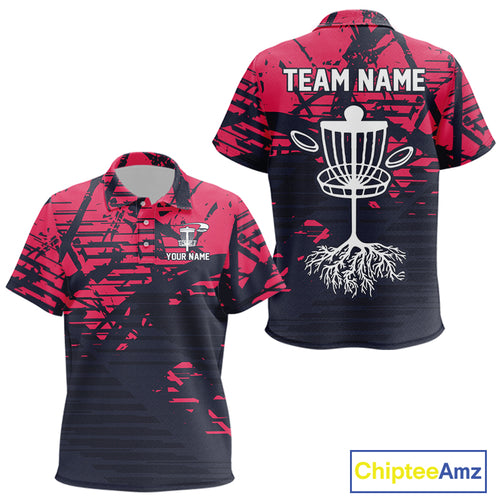 Pink and navy Camo Kid Disc golf polo shirts Custom team disc golf apparel NQS10020