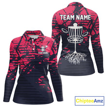 Load image into Gallery viewer, Pink and navy Camo Women Disc golf polo shirts Custom team disc golf apparel NQS10020