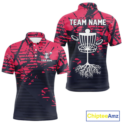 Pink and navy Camo Mens Disc golf polo shirts Custom team disc golf apparel NQS10020