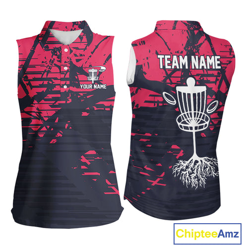 Pink and navy Camo Women Sleeveless Disc golf polo shirts Custom team disc golf apparel NQS10020