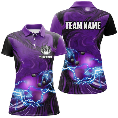 Purple Camo lightning thunder ball bowling Women Polo, Quarter Zip shirts custom bowling team jerseys NQS7930