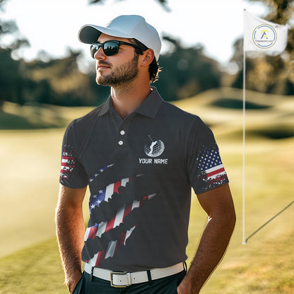 Personalized American Flag Men golf polo shirts, Custom Patriotic Golf Team Shirts For men | Black NQS10178