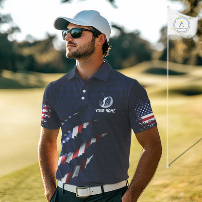 Personalized American Flag Men golf polo shirt, Custom Patriotic Golf Team Shirts For men | Navy Blue NQS10179