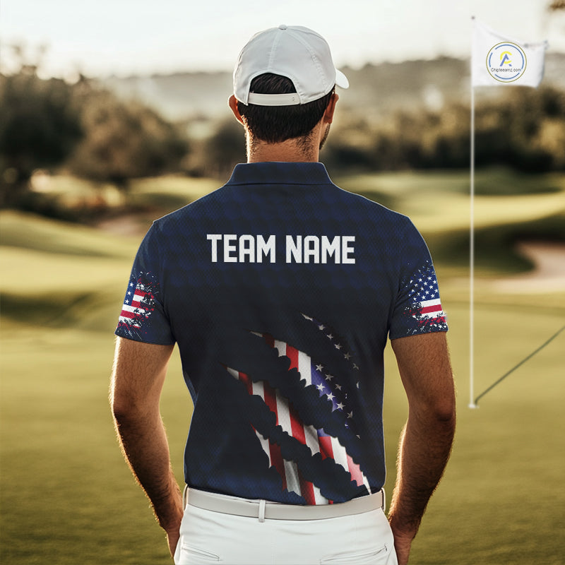 Personalized American Flag Men golf polo shirt, Custom Patriotic Golf Team Shirts For men | Navy Blue NQS10179