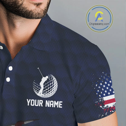 Personalized American Flag Men golf polo shirt, Custom Patriotic Golf Team Shirts For men | Navy Blue NQS10179