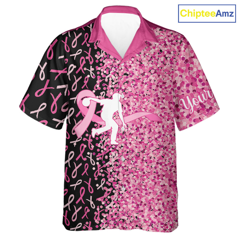 Pink glitter ribbon black Bowling Hawaiian shirt Custom Breast cancer bowling shirt gift for bowlers NQS10180