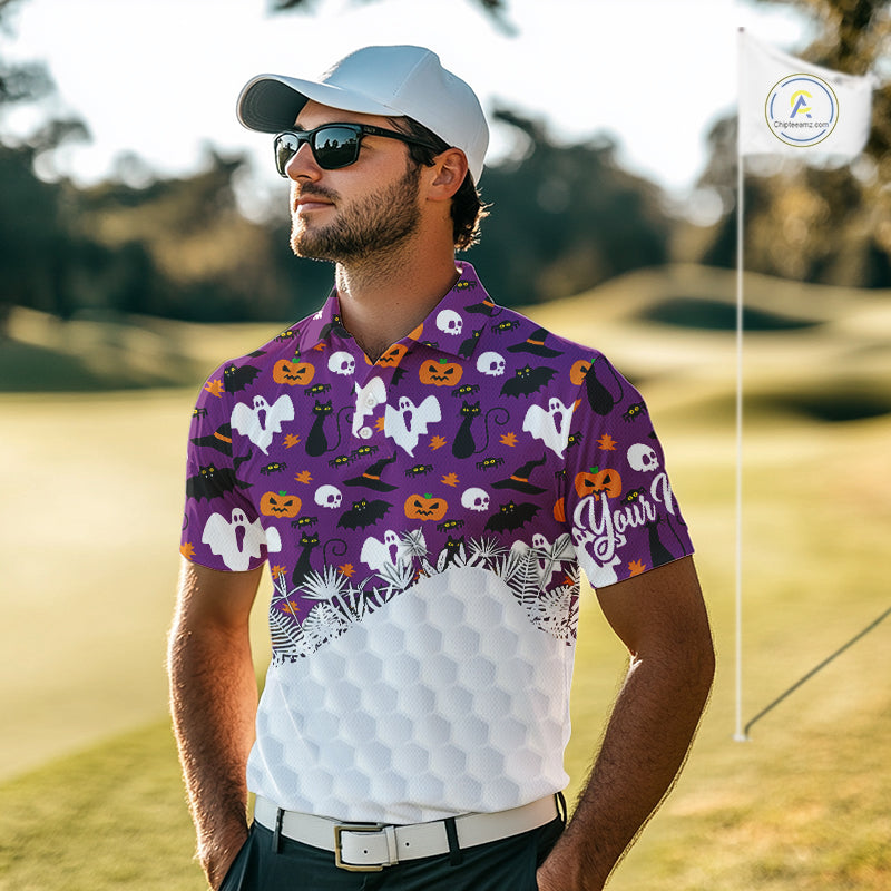 Personalized funny purple Halloween pattern mens golf polo shirts best mens golf wears NQS10315