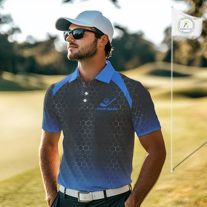 Mens golf polo shirts custom black and blue hexagon pattern golf outfits men, cool golf gifts NQS10317