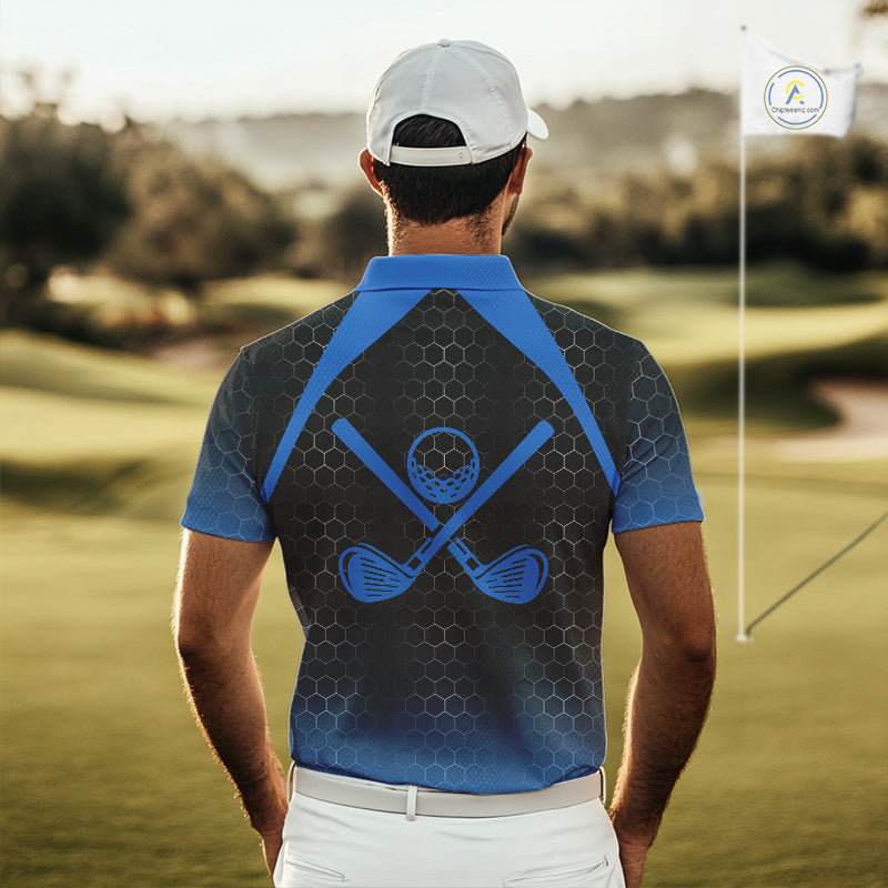 Mens golf polo shirts custom black and blue hexagon pattern golf outfits men, cool golf gifts NQS10317