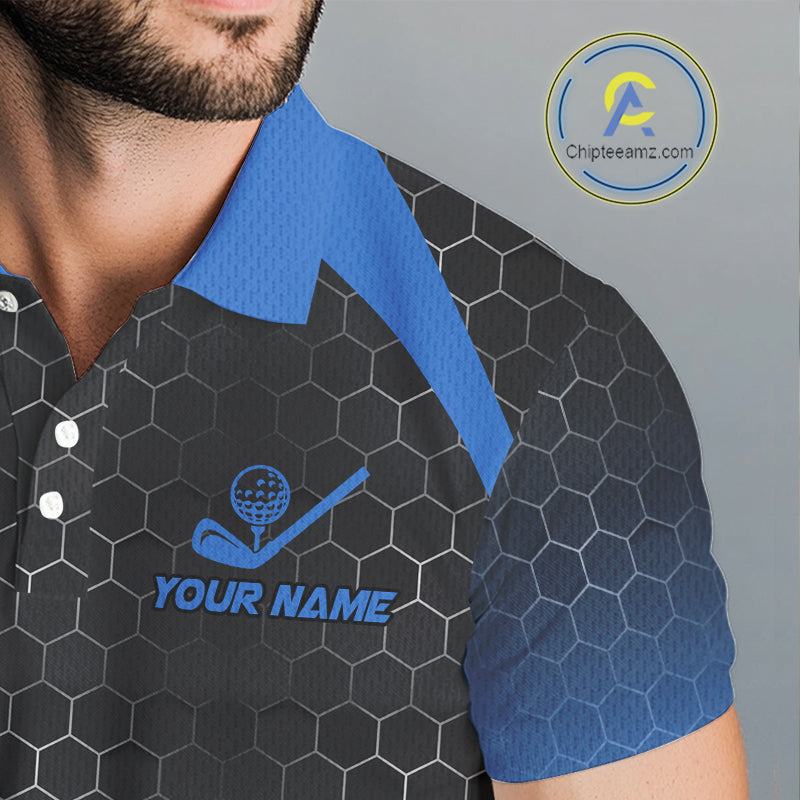 Mens golf polo shirts custom black and blue hexagon pattern golf outfits men, cool golf gifts NQS10317