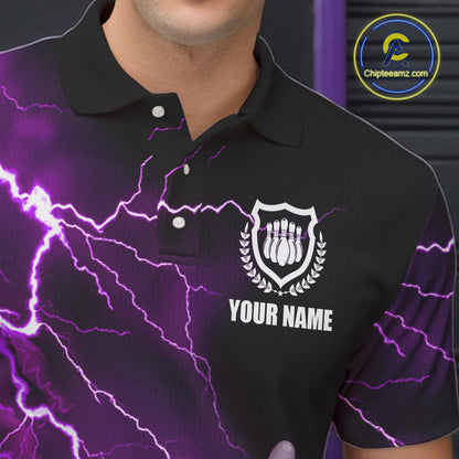 Mens polo bowling shirts Custom purple lightning thunder Bowling Team Jersey, gift for team Bowlers NQS6220