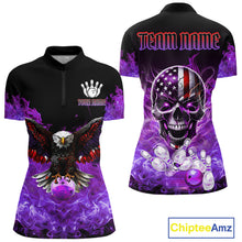 Load image into Gallery viewer, Purple Flame Smoke American Flag Eagle Skull Women Bowling Shirt Custom Patriotic Bowling Team Jersey NQS10525
