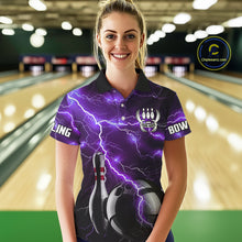 Load image into Gallery viewer, Purple Lightning Thunder Black Bowling Polo, 1/4 zip Shirt for Women custom storm bowling team jersey NQS10528
