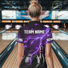 Load image into Gallery viewer, Purple Lightning Thunder Black Bowling Polo, 1/4 zip Shirt for Women custom storm bowling team jersey NQS10528