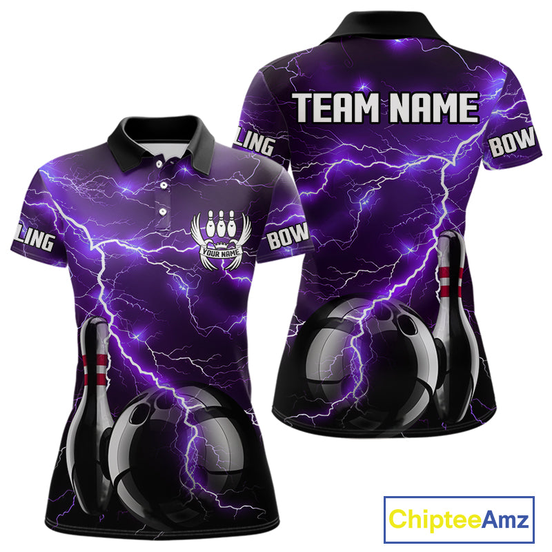Purple Lightning Thunder Black Bowling Polo, 1/4 zip Shirt for Women custom storm bowling team jersey NQS10528