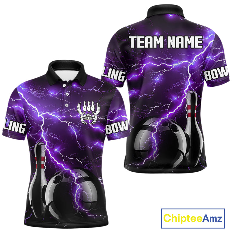 Purple Lightning Thunder Black Bowling Polo, 1/4 zip Shirt for Men custom storm bowling team jerseys NQS10528