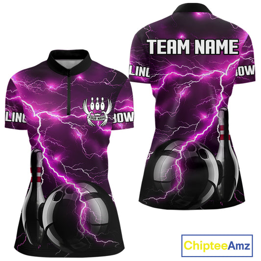 Pink Lightning Thunder Black Bowling Polo, Quarter zip Shirt for Women custom bowling team jersey NQS10530