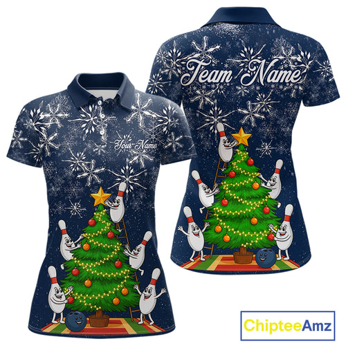 Funny Christmas Tree snowflake Bowling shirts for Women Custom Xmas Bowling outfits for women | Navy NQS10951