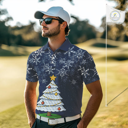 Funny Christmas Tree snowflake Mens Golf Polo shirts Custom mens christmas golf shirts | Blue Navy NQS10952