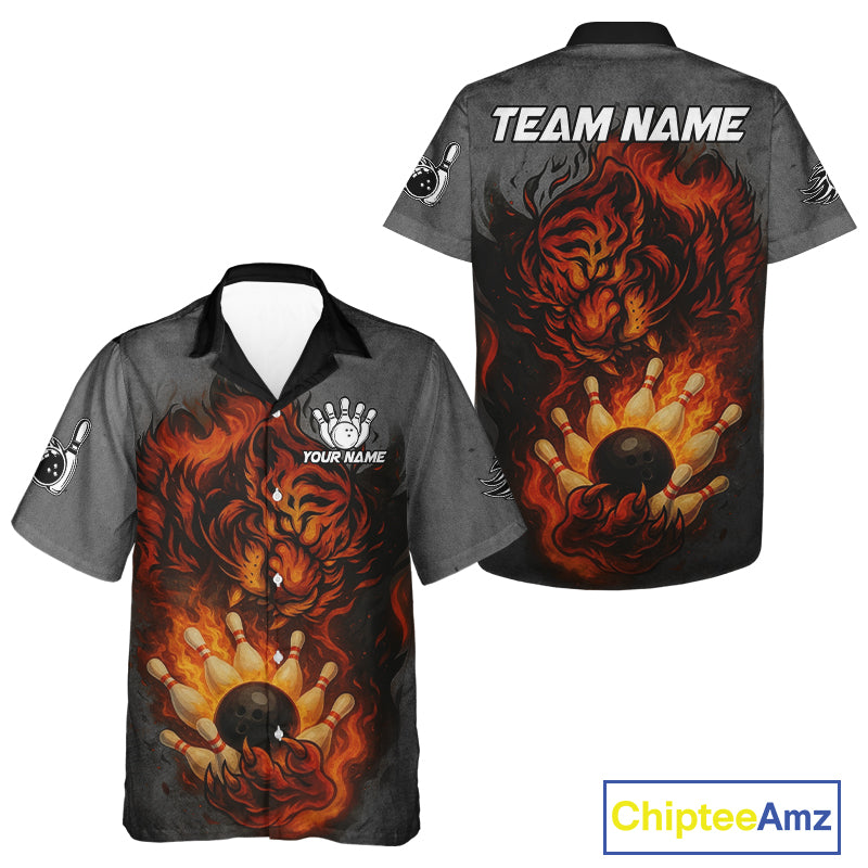 Personalized Tiger Bowling Hawaiian Shirts Custom Gray grunge Flame Tiger Bowling Team Jerseys NQS11137