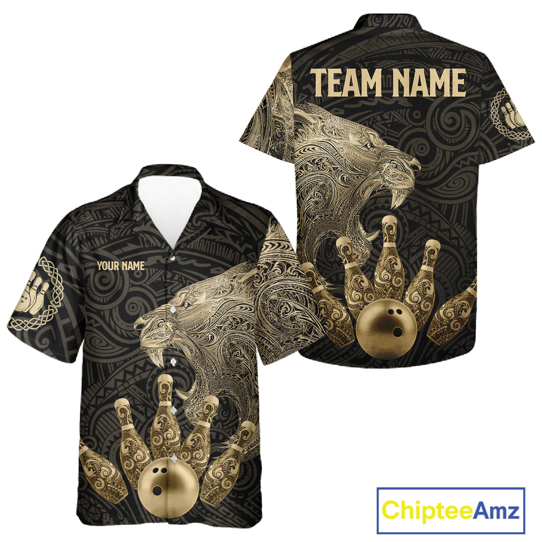 Black and Gold Lion Tribal Bowling Hawaiian Shirt Custom Retro Bowling Team Jerseys NQS11149