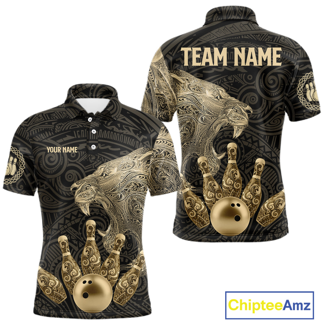 Black and Gold Lion Tribal Bowling Polo, 1/4 Zip Shirts For Men Custom Retro Bowling Team Jerseys NQS11149