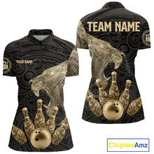 Load image into Gallery viewer, Black and Gold Lion Tribal Bowling Polo, 1/4 Zip Shirts For Women Custom Retro Bowling Team Jerseys NQS11149