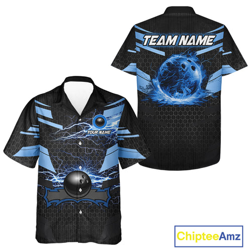 Black and Blue Lightning Thunder Bowling Hawaiian Shirt Custom Bowling Team Jersey, Gift For Bowler NQS11140