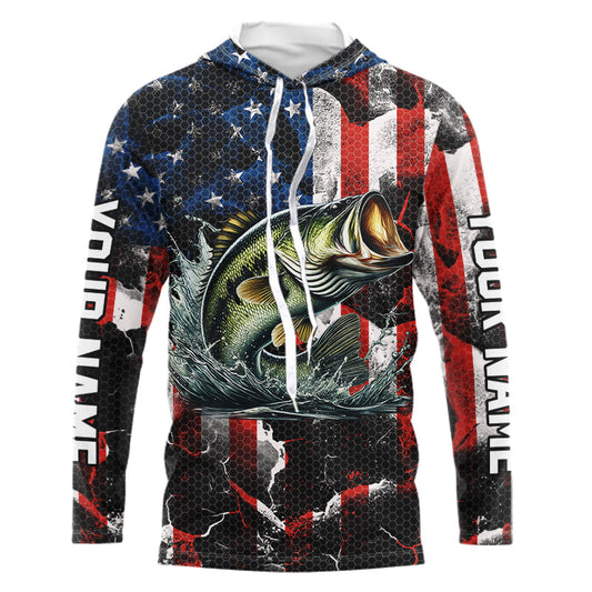 Largemouth Bass fishing American flag Custom UV protection performance long sleeve fishing jerseys NQS9276