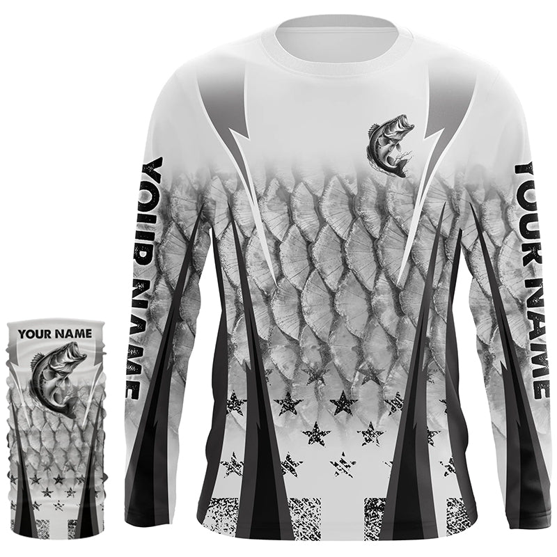 Black and white Largemouth Bass fishing scales Custom performance long sleeve Bass fishing shirts NQS7361